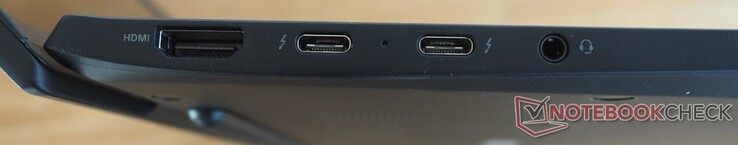 Esquerda: HDMI, 2x USB-C 4 (Thunderbolt 4, DisplayPort, Power Delivery), áudio (fone de ouvido/mic)