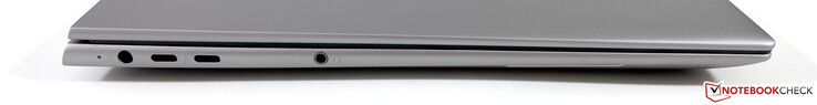 Esquerda: Fonte de alimentação, 2x USB-C 4.0 com Thunderbolt 4 (40 GBit/s, DisplayPort-ALT 1.4), estéreo de 3,5 mm