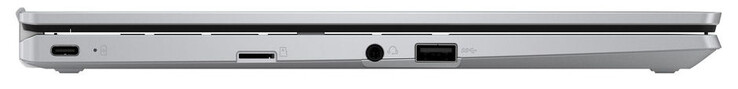 Lado esquerdo: USB 3.2 Gen 1 (USB-C; Power Delivery, DisplayPort), leitor de cartão de memória (microSD), áudio combinado, USB 3.2 Gen 1 (USB-A)