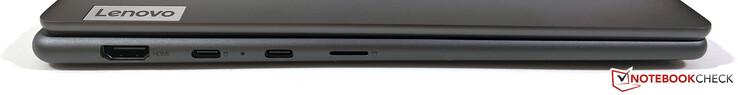 Esquerda: HDMI 2.1, USB-C 3.2 Gen 2 (10 Gbps, DisplayPort ALT Mode 1.4, Power Delivery), USB-C 4 (40 Gbps, DisplayPort ALT Mode 1.4, Power Delivery 3.0) leitor microSD