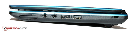 Direita: Leitor de cartões de memória, linha de saída, linha de entrada, 2x USB 2.0, Seguro Kensington