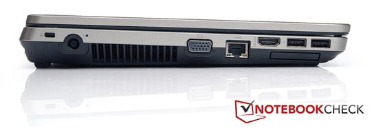 Esquerda: Seguro Kensington, conector de força, VGA, LAN, HDMI, 2 portas USB 2.0, ExpressCard 34