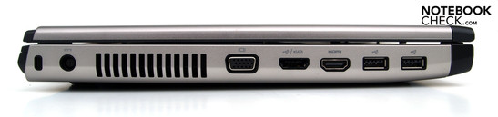 Lado esquerdo: Slot Kensington, entrada de energia, ventoinha, eSATA/USB, HDMI, 2xUSB-2.0