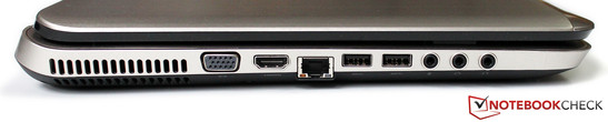 Lado esquerdo: Abertura de ventilação, VGA, HDMI, LAN, 2x USB 3.0, microfone e 2 conectores de fones