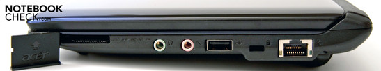 Lado direito: 1 USB, RJ-45, Bloqueio Kensington, portos áudio (portos de auscultadores e microfone), leitor-de-cartões Multi-em-1