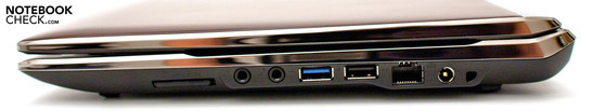 Lado Direito: Leitor de cartões, áudio, USB 3.0, USB 2.0, RJ-45, conector de força, Kensington