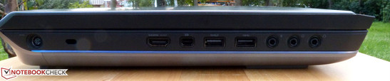Lado esquerdo: poder, Kensington, Entrada/saída HDMI, Mini-DisplayPort, USB 3.0, 3x áudio