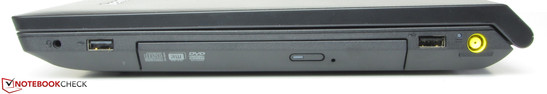 Direita: Combinação de áudio, USB 2.0, Gravador de DVD, USB 2.0, conector de força.