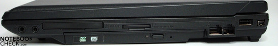 Lado Direito, da esquerda para a direita: Áudio, ExpressCard/54, Lightscribe-DVD, Leitor de Cartões, LAN, Modem, USB, Firewire