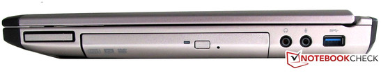 Lado Direito: ExpressCard, Gravador de DVD, Entrada/Saída de Áudio, USB 3.0
