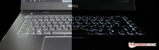 Um dos destaques do Dell Vostro 3555 é a iluminação de fundo do teclado (direita com iluminação e esquerda sem)