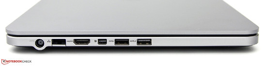 Lado esquerdo: Conector de força, RJ-45, HDMI, mini DisplayPort, 2x USB 3.0