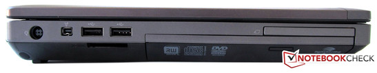 Esquerda: 1 IEEE1394, 2 USB 2.0, 1 leitor de cartões, gravador de DVD, PC ExpressCard