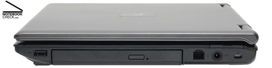 Lado direito: 1x USB-2.0, Gravador DVD, 54k-Modem, Ligação à corrente, Fecho Kensington