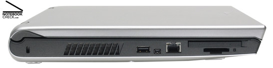 Lado esquerdo: Fecho Kensington, aberturas de ventilação, 1x USB-2.0, FireWire, 100-MBit-LAN, ExpressCard/54, leitor de cartões 5-em-1