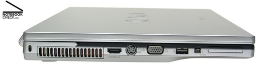 Lado Esquerdo: Trava Kensington, saídas de ar, HDMI, S-Video, VGA, 1x USB-2.0, i.LINK (IEEE1394, FireWire) S400 interface, ExpressCard/34