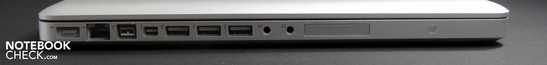Lado Esquerdo: Conector de força, Ethernet, FW800, Thunderbolt/Mini DisplayPort, 3x USB 2.0, Microfone, Fones, ExpressCard/34, LESD de Carga da Bateria