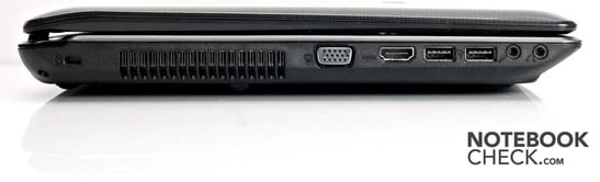 Lado Esquerdo: Kensington Lock, VGA, HDMI, 2x USB 2.0, Conector de Microfone e Fones