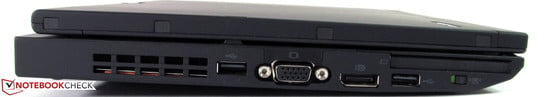 Esquerda: USB 2.0, VGA, porta de tela, USB 2.0, ExpressCard54, wireless liga/desliga