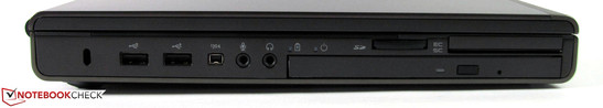 Esquerda: Seguro Kensington, 2x USB 2.0, FireWire, entrada/saída de áudio, leitor de cartões, ExpressCard/54 e leitor de smart card, gravador Blu-ray