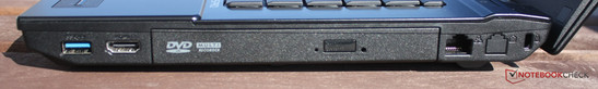 Lado direito: 1xUSB 3.0, HDMI, gravador de DVD, LAN, Seguro Kensington