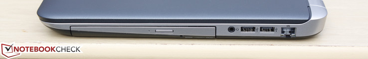 Right: Optical drive, 3.5 mm combo audio, 2x USB 2.0, Gigabit Ethernet