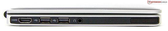 Esquerda: HDMI, 2 USB 2.0s, saída para fones, alto falante