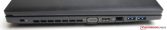 Lado Esquerdo: Ranhura Kensington, Saída VGA, HDMI, Gigabit-Ethernet, 2x USB 3.0