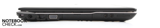 Lado Esquerdo: Kensington, AC, Ethernet, VGA, (HDMI, 2 x USB 3.0 – embaixo da lapela), áudio, leitor de cartões
