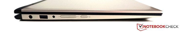 Left: power, USB 2.0, 3.5 mm stereo jack, volume rocker, Windows button