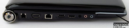 Lado Esquerdo: Conector de Força, Modem, VGA, LAN, USB 2.0, HDMI, Portos de Áudio (Linha de entrada, Microfone, Fones), ExpressCard