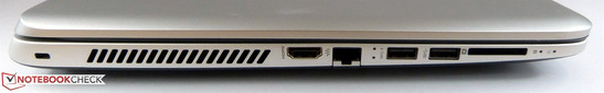 HDMI, Gigabit LAN, 2x USB e a entrada SD junto com a abertura de ventilação e o seguro Kensington estão à esquerda.