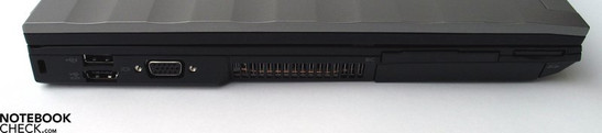 Lado esquerdo: Fecho Kensington , 2x USB 2.0 / eSATA, VGA-Out, ExpressCard, Leitor de cartões SD