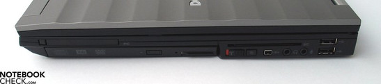 Lado direito: PCMCIA, unidade DVD, SmartCard, Firewire, portas áudio, 2x USB 2.0