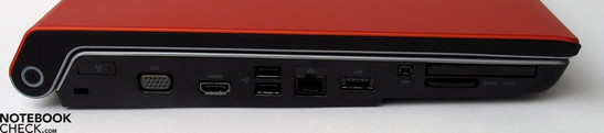 Lado Esquerdo: Trava Kensington, saída VGA, HDMI, 2x USB 2.0, LAN, USB, FireWire, ExpressCard, Leitor de cartão SD