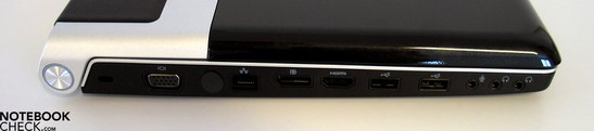 Lado Esquerdo: Kensington Lock, VGA, antena, LAN, porta para monitor, HDMI, 2x USB 2.0, áudio