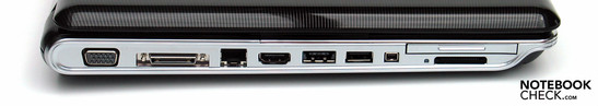 Lado Esquerdo: VGA, docking, LAN, HDMI, eSATA/USB, USB, Firewire, ExpressCard, leitor de cartões