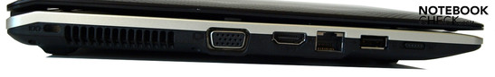 Esquerda: Bloqueio Kensington, Ventilador, VGA, HDMI, RJ-45 (LAN), USB 2.0, interruptor wireless