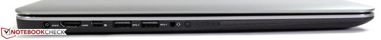 Esquerda: Conexão de força, HDMI, Mini DisplayPort, 2 x USB 3.0, Linha de Entrada /Saída, indicador de carga da bateria