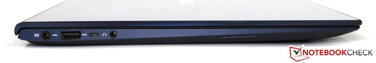 Esquerda: conector de força, USB 3.0, micro HDMI, Linha de entrada/Saída