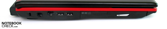 Lado Esquerdo: Kensington Lock, modem, LAN, 2x USB, drive ótico
