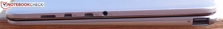 Right: microSD card reader, micro-HDMI, micro-USB 2.0, combo audio, full-sized USB 2.0 (below on keyboard base unit)