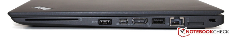 Right: SmartCard reader, USB 3.0, Mini-DisplayPort, HDMI, USB 3.0, Gbit-LAN, SIM-slot, Kensington lock
