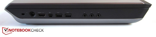 Lado esquerdo: Seguro Kensington, poder, HDMI, mini DisplayPort, 2x USB 3.0, som 3x
