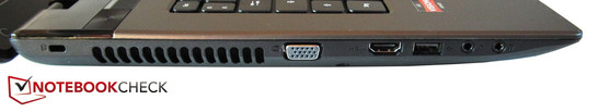 Esquerda: Seguro Kensington, VGA, HDMI, USB 2.0, microfone, fones