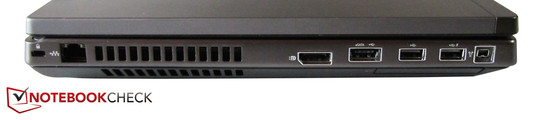 Esquerda: Seguro Kensington, LAN RJ-45 Gigabit, display port, eSATA / USB 2.0 combo, 2 USB 2.0, FireWire, ExpressCard de 54 mm