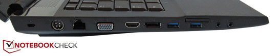 Esquerda: Seguro Kensington, força, RJ45, Gigabit LAN, VGA, HDMI, display port, 2 USB 3.0s, leitor de cartões 7em1, microfone, fones