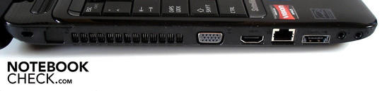 Lado Esquerdo: Seguro Kensington, VGA, HDMI, RJ-45 Fast Ethernet LAN, combo eSATA/USB 2.0, microfone, fones