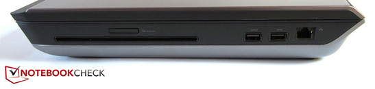 Lado direito: Slot-in drive, leitor de cartões 9 em 1, 2x USB 3.0, RJ-45 Gigabit LAN