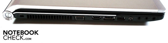 Lado Esquerdo: Seguro Kensington, VGA, HDMI, eSATA/USB 2.0, USB 3.0, Firewire, 3 conectores de áudio
